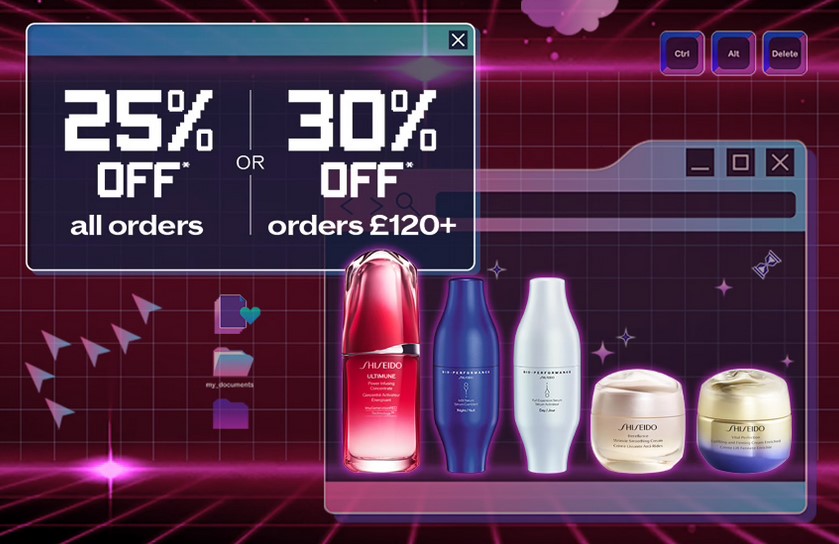 25% off or 30% off when you spend £120+ at Shiseido 25% off or 30% off when you spend £120+ at Shiseido