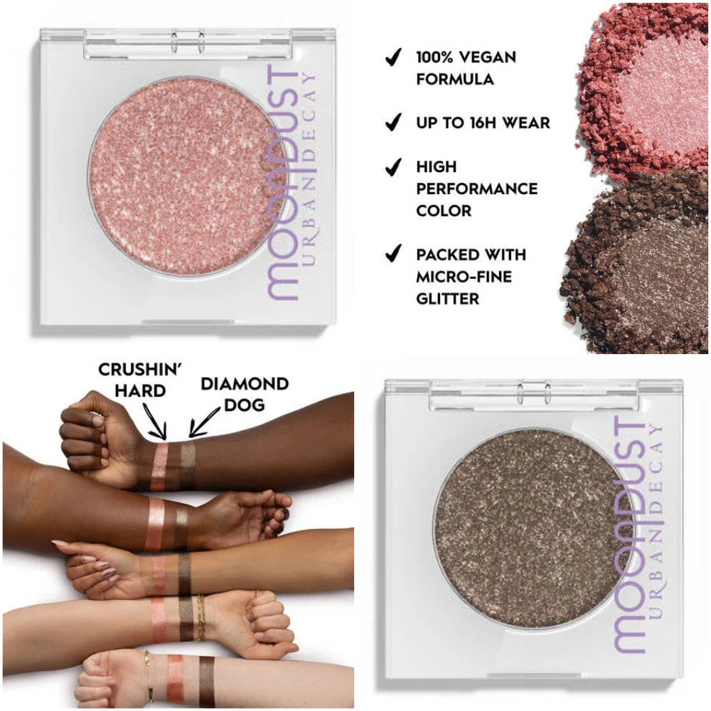 New shades of Urban Decay 24/7 Moondust Glitter Eyeshadow Singles: Diamond Dog and Crushin' Hard