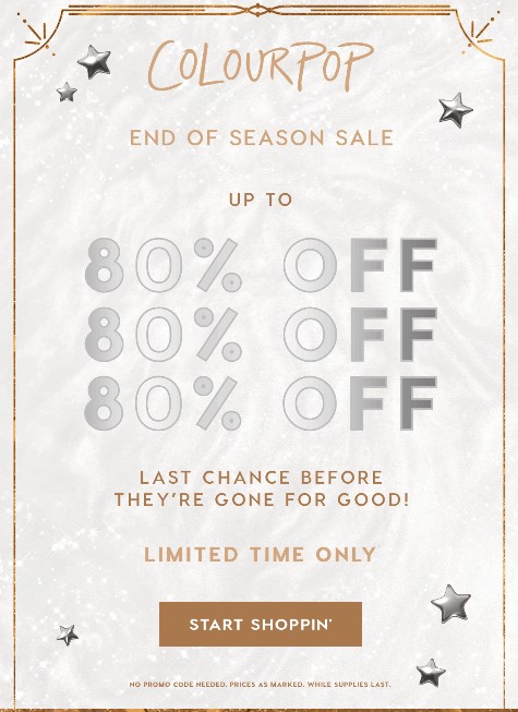 Up to 80% off sale at Colourpop