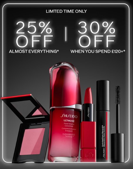 25% off sitewide or 30% off when you spend £120 at Shiseido