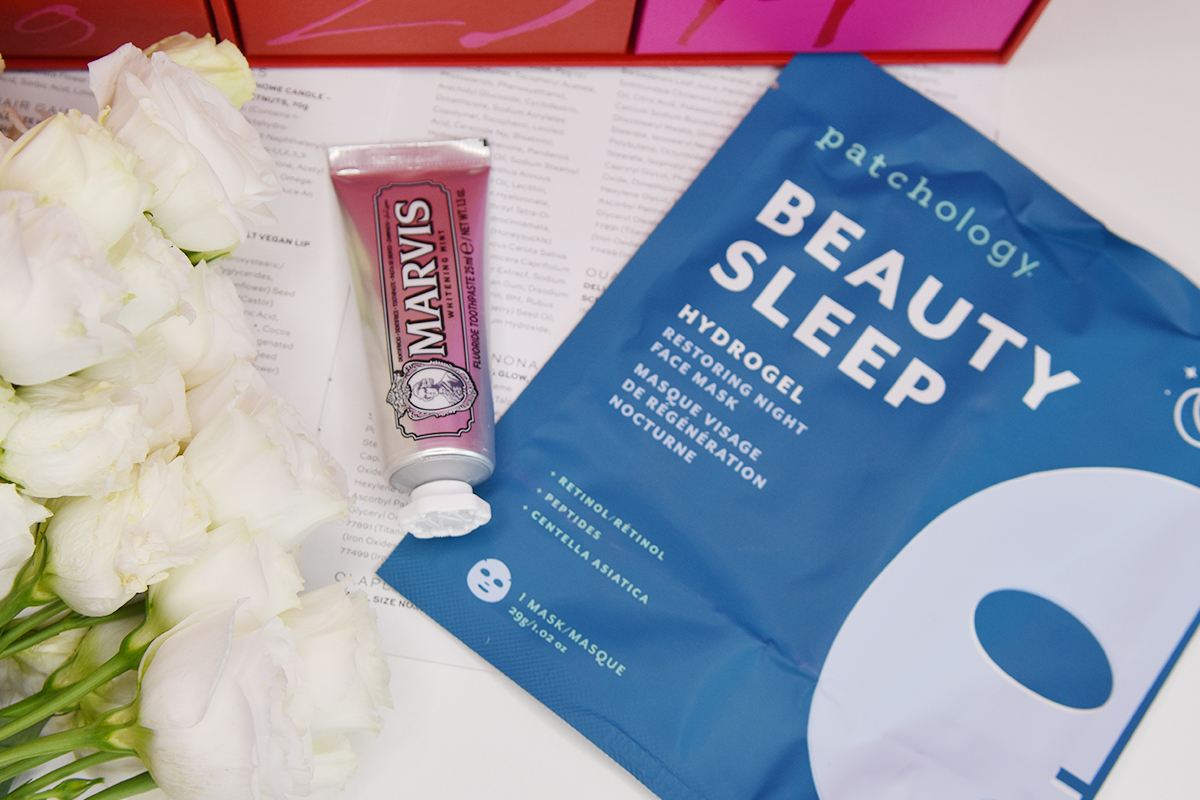 Marvis Whitening Toothpaste and Patchology Beauty Sleep Restoring Hydrogel Face Mask