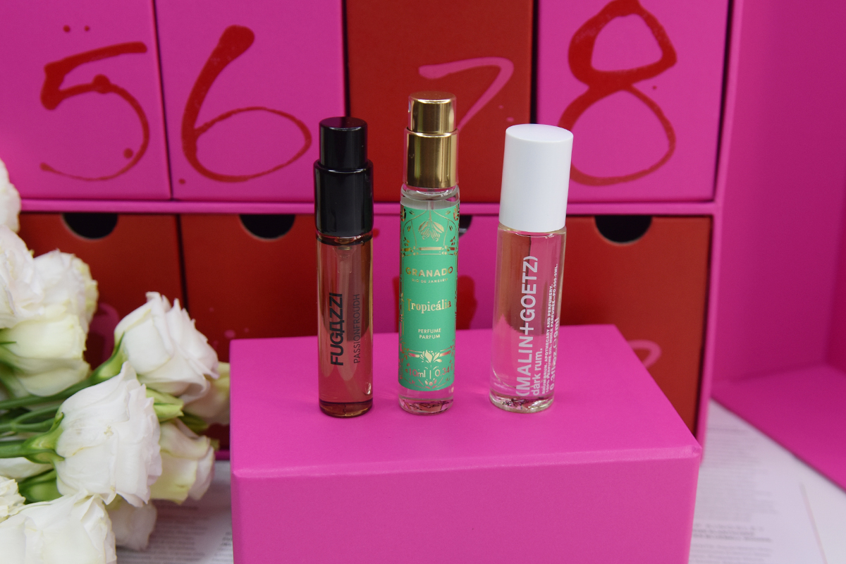 Fugazzi PASSIONFROUDH Extrait de Parfum, Malin + Goetz Dark Rum Perfume Oil, and Granado Tropicalia EDP