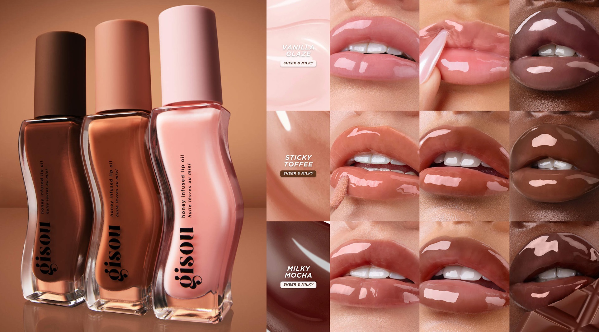 New shades of the Gisou Honey Infused Hydrating Lip Oil