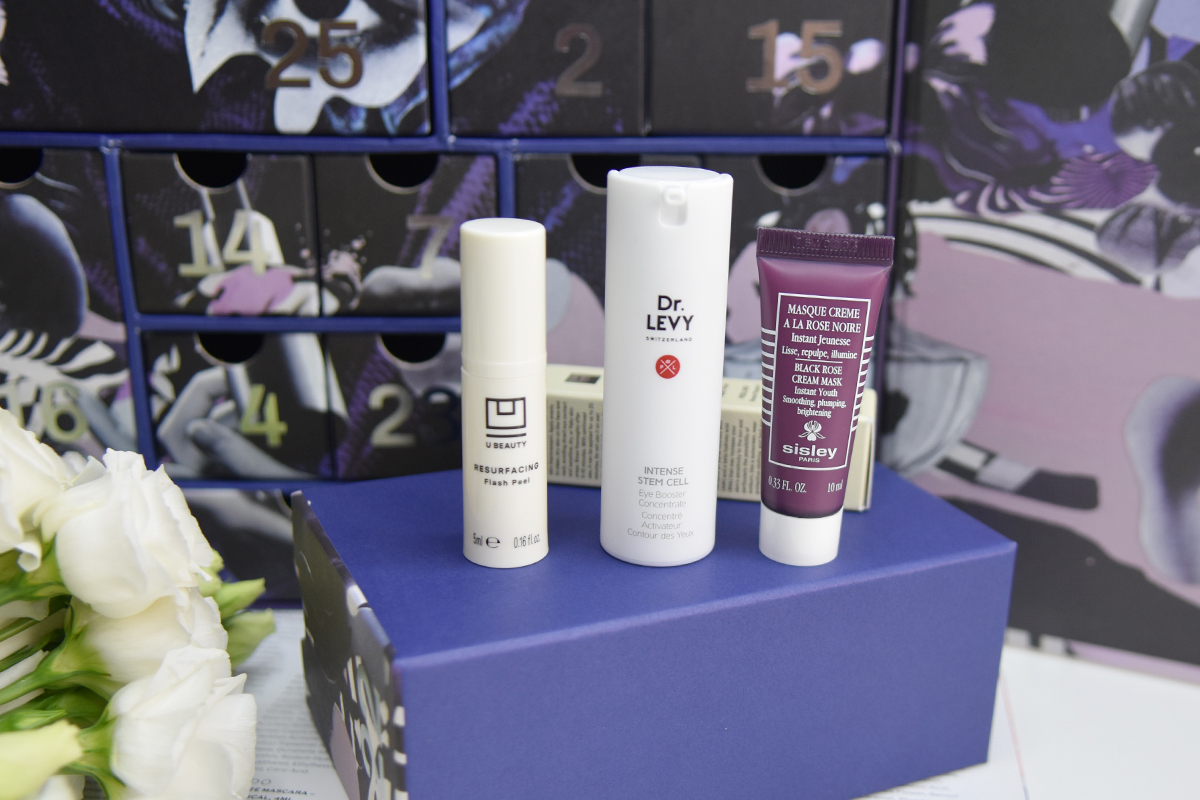 U Beauty Resurfacing Flash Peel, Dr. LEVY Switzerland Eye Booster Concentrate, and Sisley Paris Black Rose Cream Mask