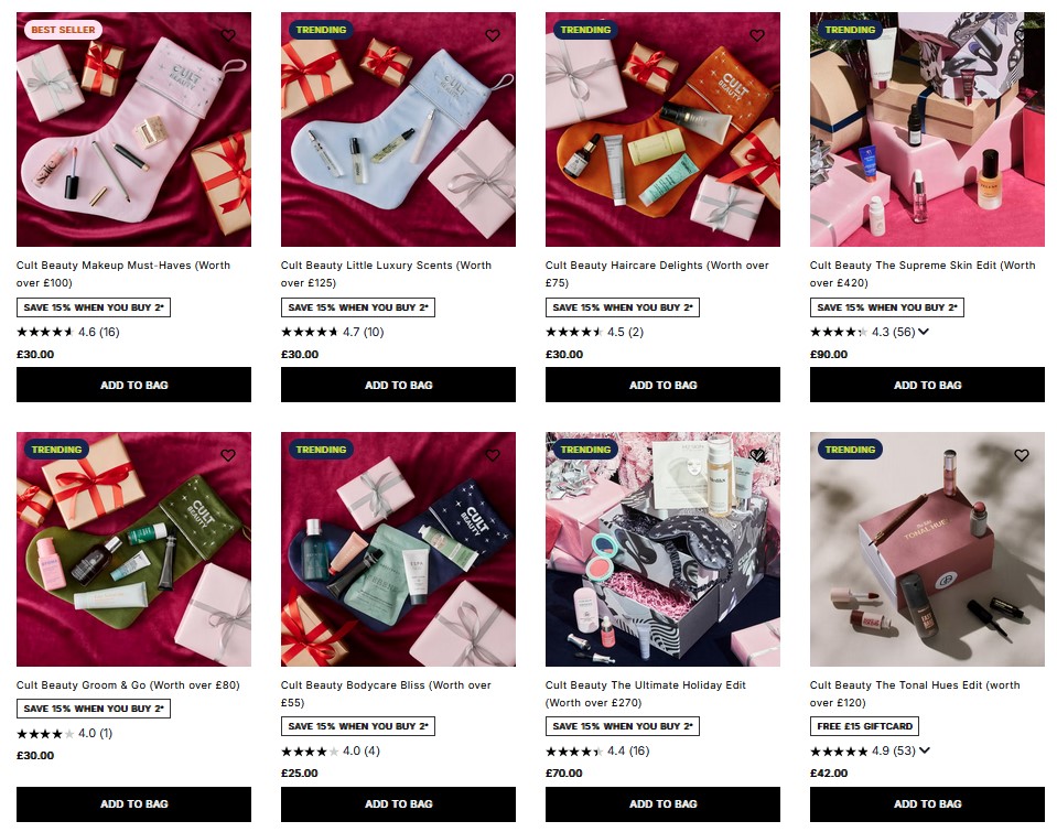 15% off when you buy 2 or more curated boxes from the Cult Beauty Christmas Collection 15% off when you buy 2 or more curated boxes from the Cult Beauty Christmas Collection