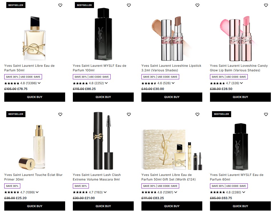 30% off Yves Saint Laurent at Lookfantastic